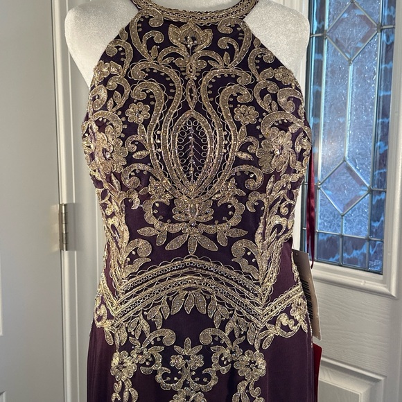 Dancing Queen Purple and Gold Embellished Halter Gown - Picture 4 of 16